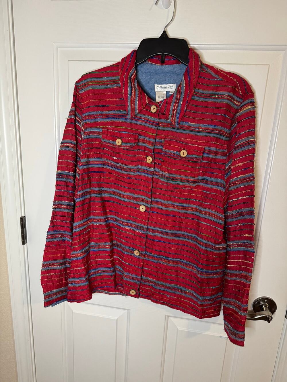 Coldwater Creek Vintage 90s Textured Tapestry Stripe Jacket Top Red Blue XL